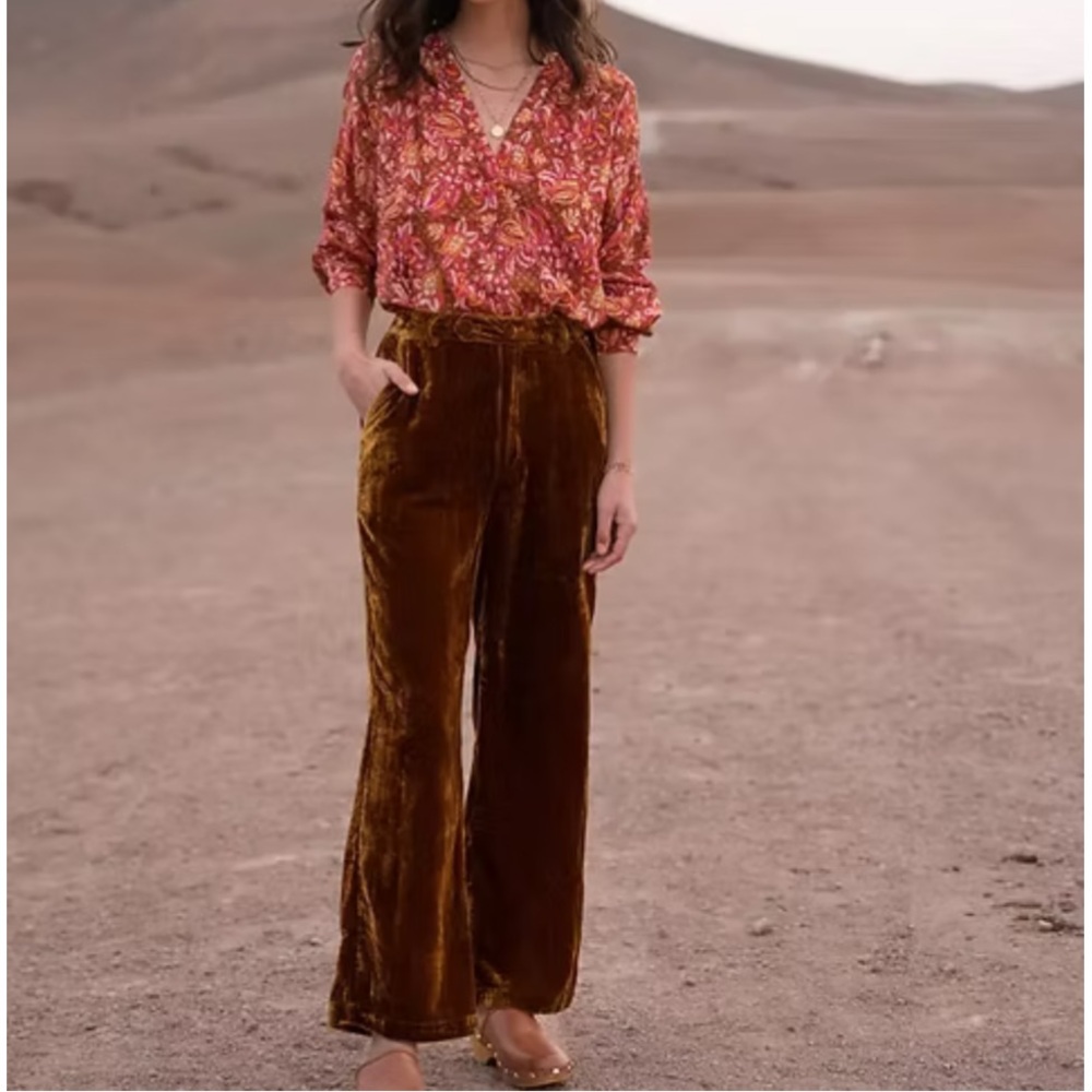 ✨ Garance Klay Golden Brown High Waist Velvet Straight Leg Pants Size L Boho